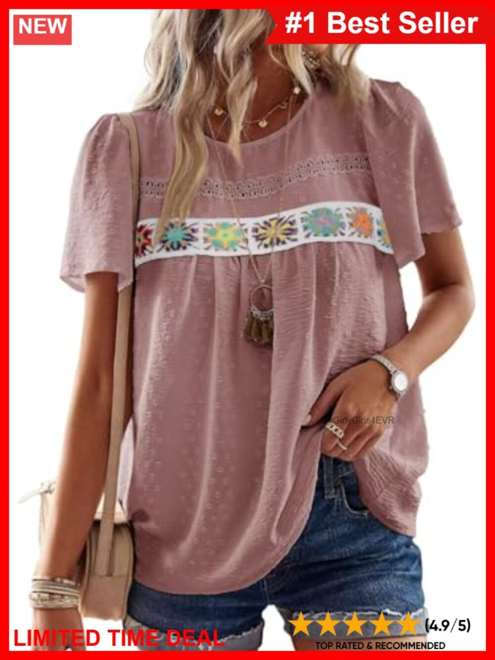 Women's Boho Peasant Top Short Sleeve Lace Hem Casual Blouse